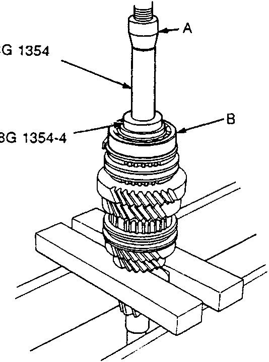Diagram showing the installation of the ball bearing onto the gear assembly using a press and special tools 18G 1354 and 18G 1354-4. Callouts A, B identify components.