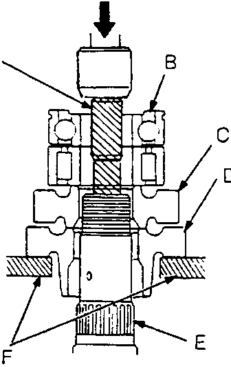 Diagram showing a press (A) removing a ball bearing (B) from a 5th gear (C) mounted on a countershaft (E), supported by steel blocks (F). An attachment (G) is also shown.