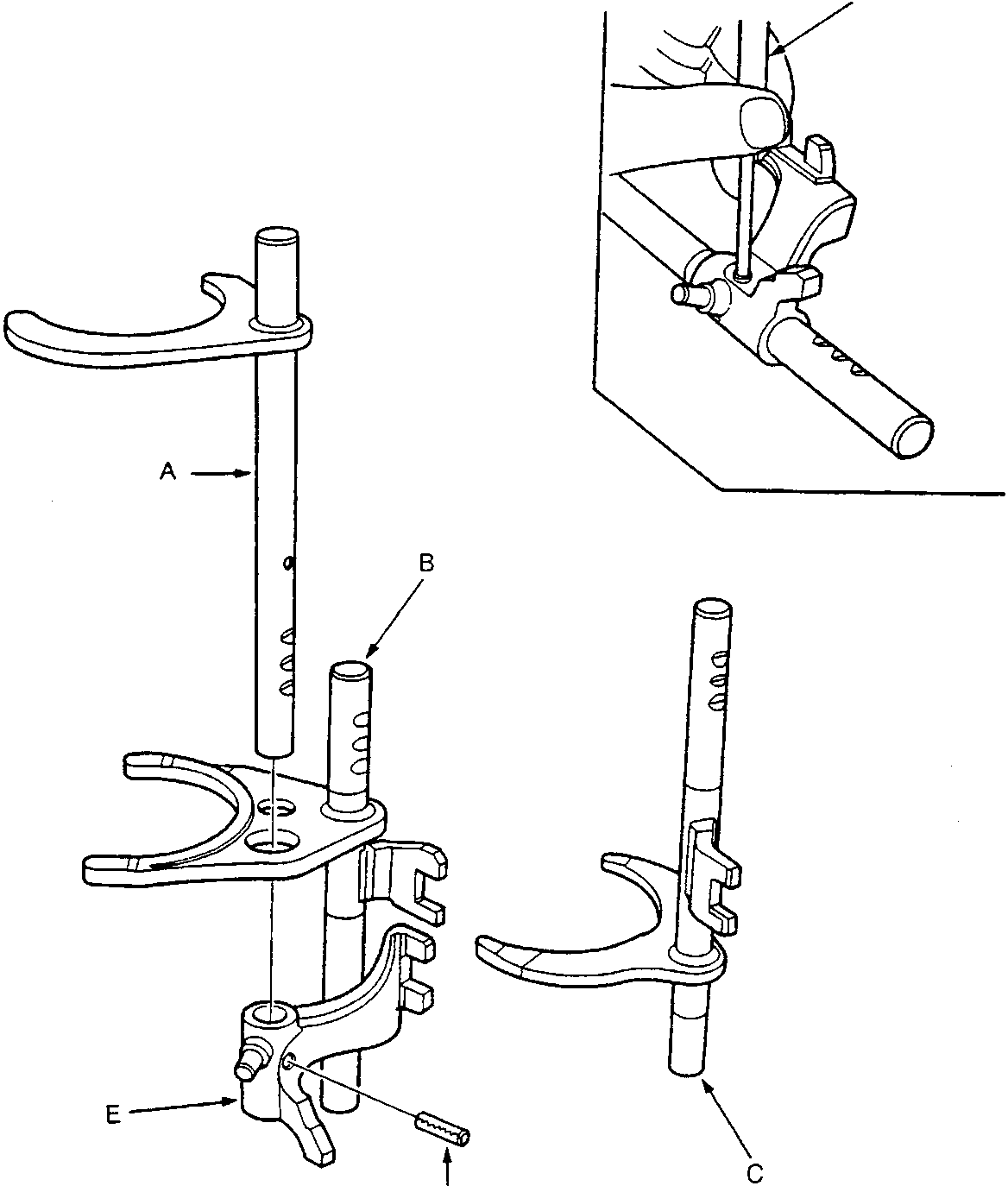 Diagram of shift fork assembly showing components labeled A through E, including a close-up inset view. Part numbers 18G 1705 and 37M0264 are printed near the diagram.