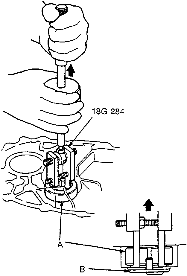 Diagram showing the removal of a needle bearing and oil guide plate using tool 18G 284. Labels A and B point to the components respectively.