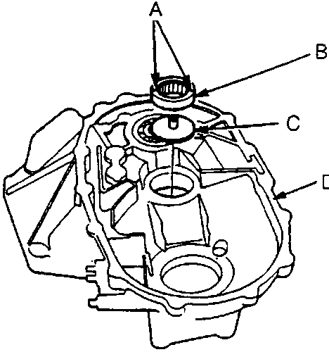 Exploded view of the clutch housing showing the arrangement of oil holes, needle bearing, oil guide plate, and the housing itself.