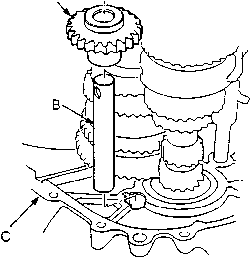 Diagram of reverse idler gear, reverse idler gear shaft, and clutch housing assembly