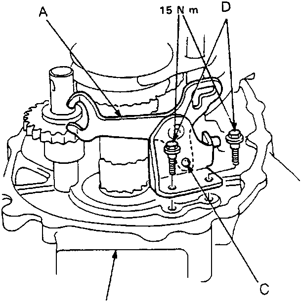 Diagram of reverse shift fork installation with retaining bolts and steel ball