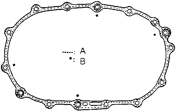 Diagram of gearbox housing mating surface showing dotted line A and dot B locations