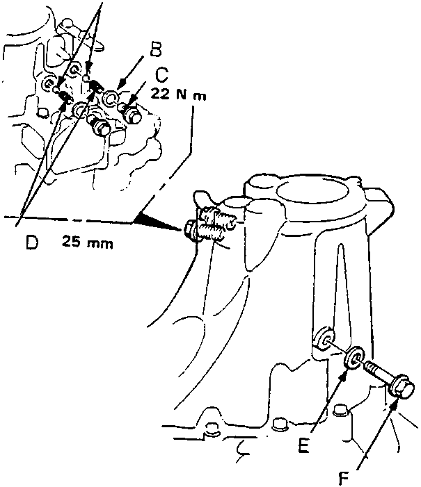 Diagram of reverse idler gear shaft assembly with components A-F labeled, showing dimension D of 25 mm and torque values 22 N m and 55 N m