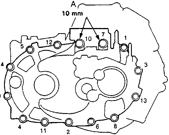 Diagram of gearbox cover showing bolt tightening sequence 1-14 and dimension A of 10 mm