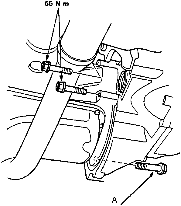 Diagram showing gearbox housing mounting bolts with dimensions 12 x 1.25 mm and 65 N m torque specification