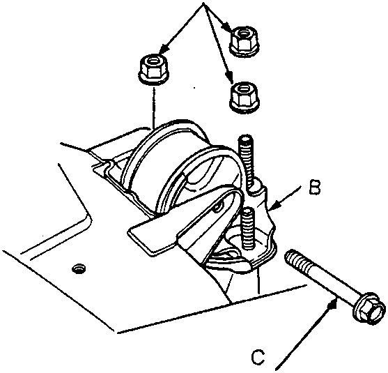 Diagram showing gearbox mount installation sequence with bolts labeled A (10 x 1.25 mm, 39 N m), B (Gearbox mount), and C (12 x 1.25 mm, 65 N m)