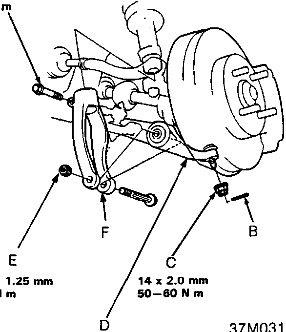 Diagram of lower arm, damper fork, and ball joint connection with callout labels A, B, C, D, E, F and torque specifications 12 x 1.25 mm 44 N m, 12 x 1.25 mm 65 N m, and 14 x 2.0 mm 50–60 N m