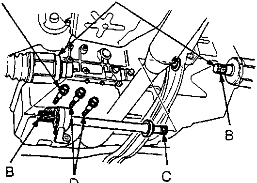 Diagram of gearbox intermediate shaft and driveshaft connections with callout labels A, B, C, D and torque specifications 10 x 1.25 mm 39 N m