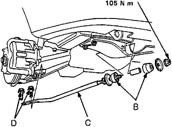 Diagram of right radius rod installation with callout labels A, B, C, D and torque specifications 12 x 1.25 mm 105 N m and 12 x 1.25 mm 55 N m