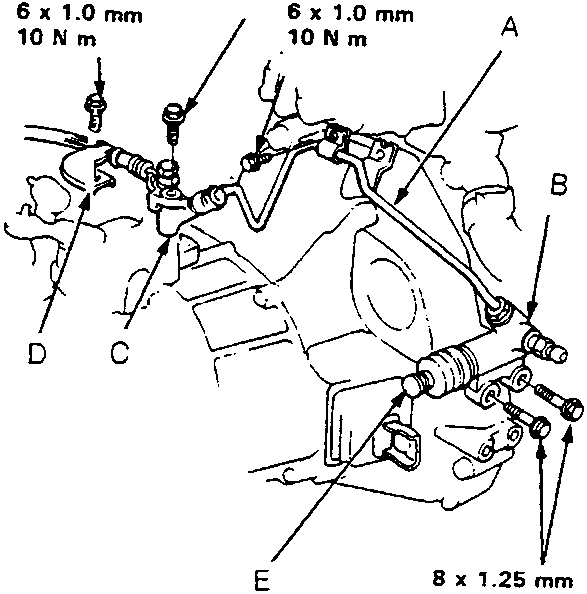 Diagram of clutch pipe, slave cylinder, hose joint, stay and grease points with various bolt sizes and torque values