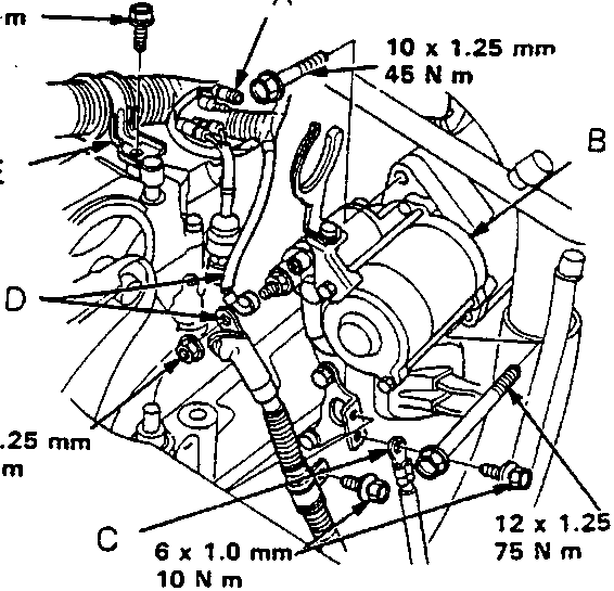 Diagram of starter motor, earth cable, and wire harness clamp with callout letters A through E