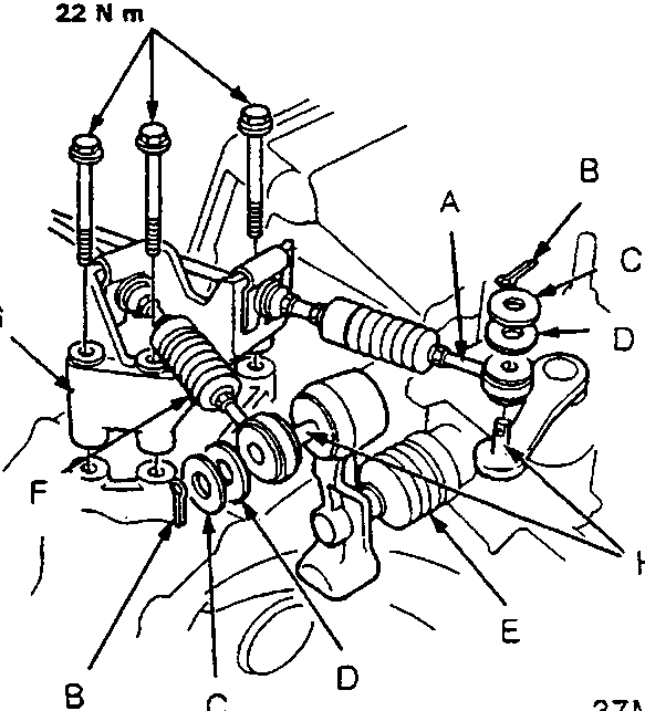 Diagram of shift cable and select cable assembly with callout letters A through H