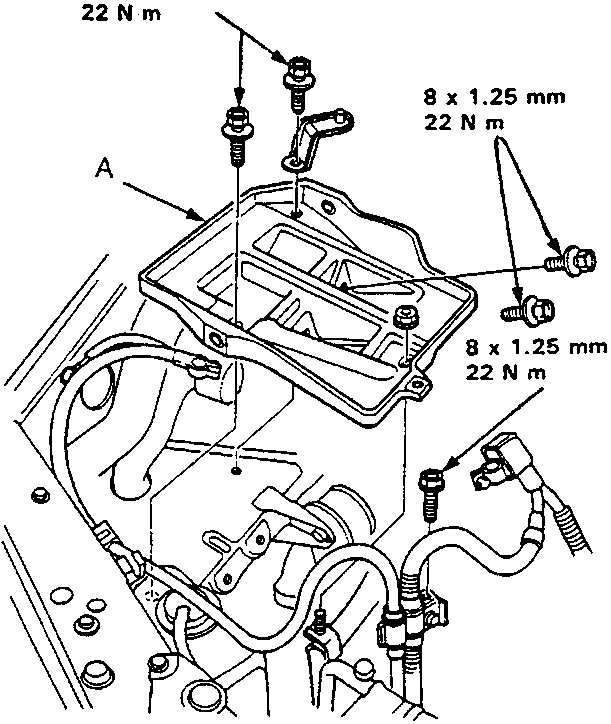 Diagram of battery base with bolts labeled 8 x 1.25 mm 22 N m and callout A