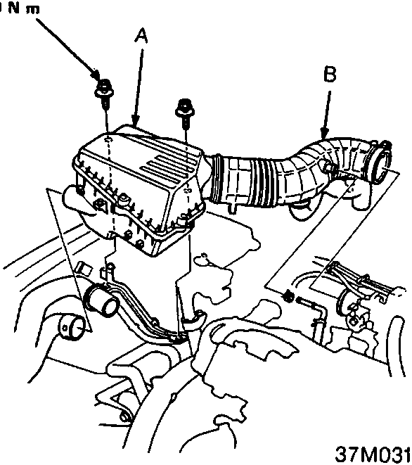 Diagram of air cleaner assembly and intake air duct with bolts labeled 6 x 1.0 mm 10 N m, callouts A and B