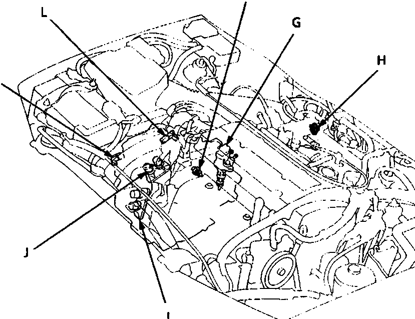 Diagram of the automatic gearbox assembly showing component locations F, G, H, I, J, K, and L on the valve body and sensor areas.