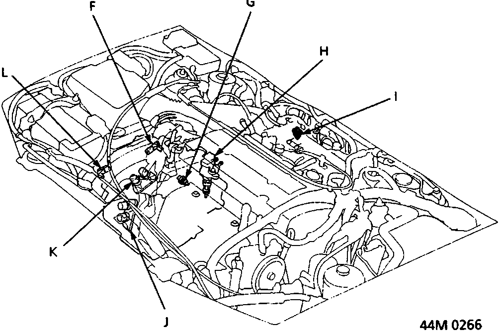 Top-down technical diagram of the automatic gearbox assembly showing internal components and solenoid valves with callout labels F through L.