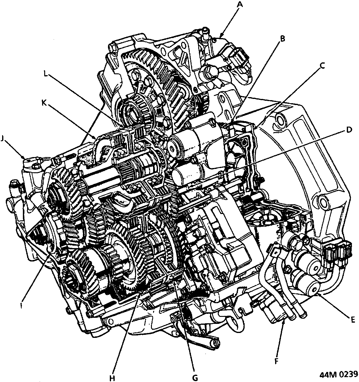 Cross-sectional diagram of the automatic gearbox showing internal components and their locations, labeled A through L.