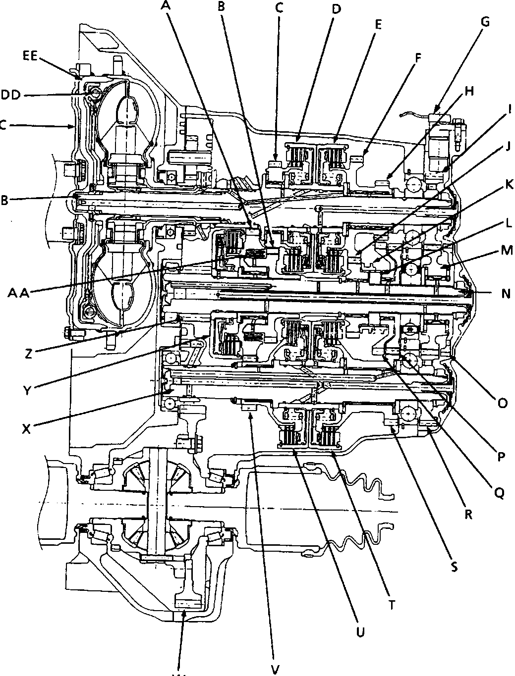 Cross section diagram of an automatic gearbox showing internal components with callout labels A through Z, AA, BB, CC, DD, and EE. Figure number 44M 0241 is printed at the bottom right.