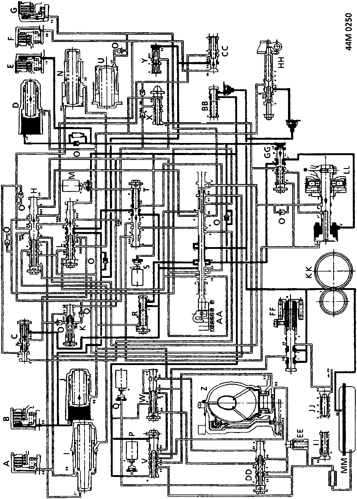 Schematic diagram of the automatic gearbox hydraulic system showing various valves, solenoids, and passages labeled with letters A through Z, AA, BB, CC, DD, EE, FF, GG, HH, II, JJ, KK, LL, MM, N, O, P, R, S, T, U, V, W, X, Y. The document code 44M 0250 is printed in the top right corner of the diagram.
