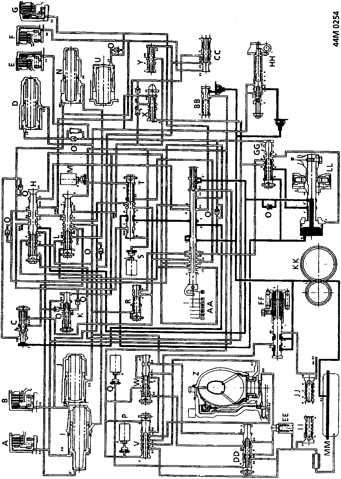 Schematic hydraulic diagram of the automatic gearbox showing interconnected components labeled with letters A through ZZ and reference number 44M 0254