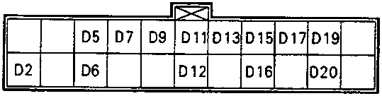 Diagram of the TCM connector terminal layout for terminals D2 through D20.