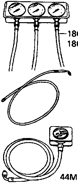 Diagram of pressure test tools labeled 18G 1554 and 18G 1554-2 with hoses and gauges, caption 44M 0270