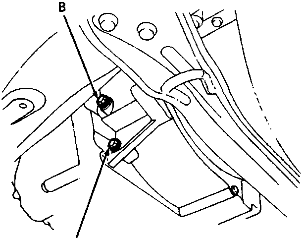 Diagram showing clutch pressure inspection holes B and E on the gearbox assembly.