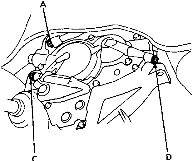 Diagram showing clutch pressure inspection holes A, C, and D on the gearbox assembly.