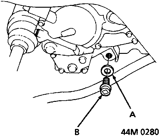 Diagram showing the drain plug (B) and sealing washer (A) on the gearbox