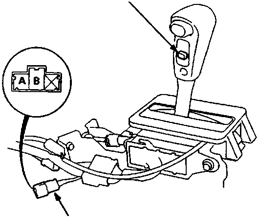 Diagram of selector lever and switch assembly showing connector A (Selector switch) and B (Switch harness connector).