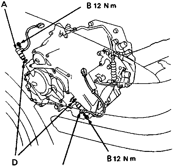 Diagram of transmission housing showing sensors and bolts labeled A, B, C, D with torque values 12 Nm indicated on bolts.