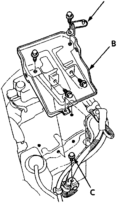 Diagram showing air cleaner housing guide, battery base and battery cable bolt locations