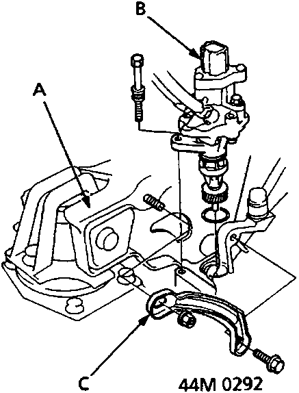 Diagram showing engine rear mounting, sensor, and stiffener with labels A, B, and C