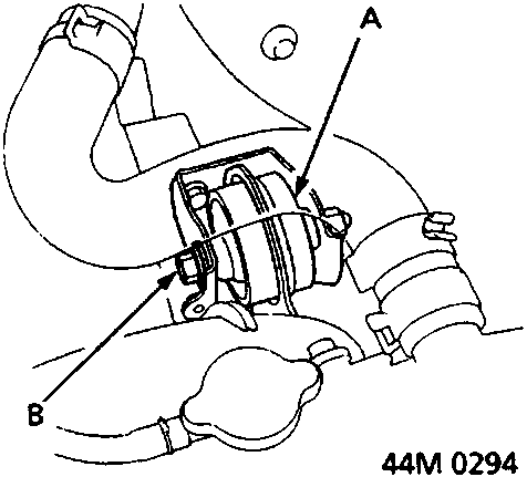Diagram showing engine front mounting (A) and engine front mounting bolt (B)