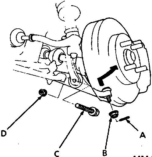 Diagram showing lower arm ball joint connection with split pin, castellated nut, damper fork bolt, and self-locking nut callouts A, B, C, D