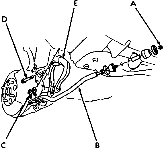 Diagram showing radius rod, patchlok bolts, damper fork pinch bolt, and damper fork callouts A, B, C, D, E