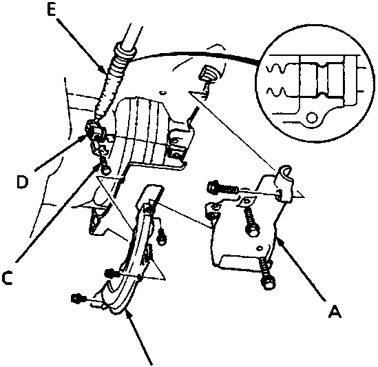 Diagram showing the torque converter cover and selector cable area with callouts A through E
