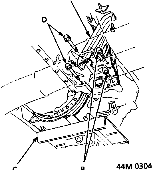 Diagram showing the removal of the automatic gearbox, with callouts A, B, C, and D indicating specific components.
