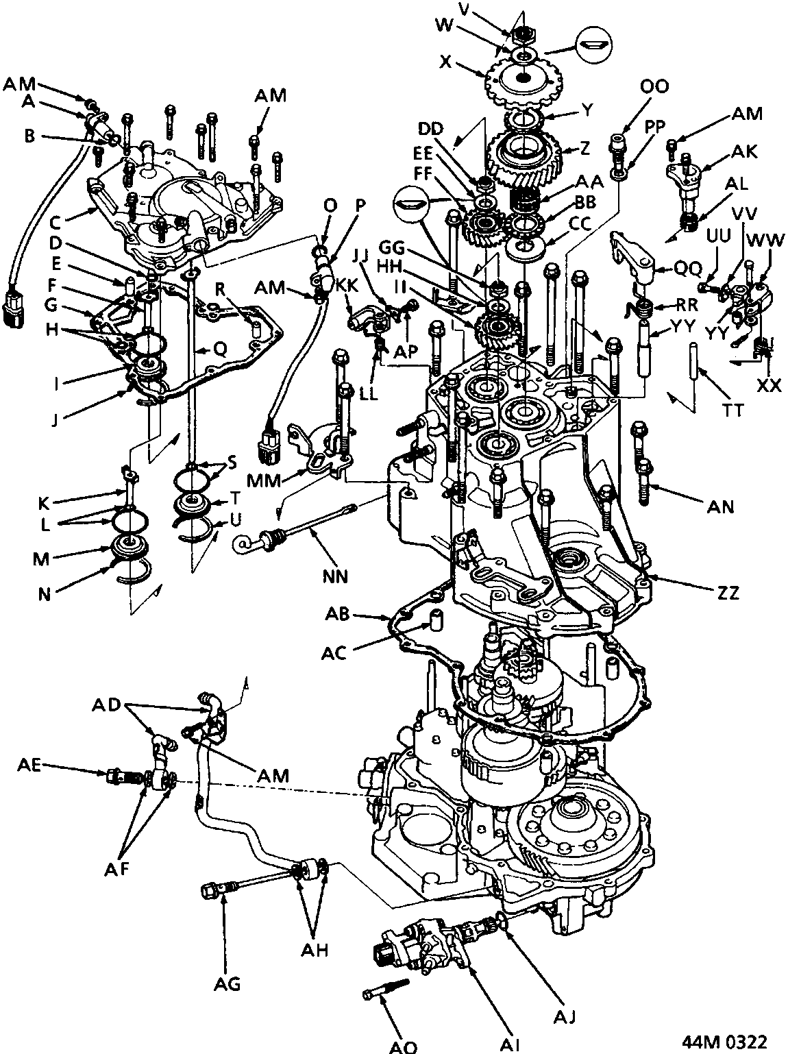 Exploded view diagram of the automatic gearbox assembly showing internal gears, shafts, valve body, and external linkages with lettered callout labels from A to AO.