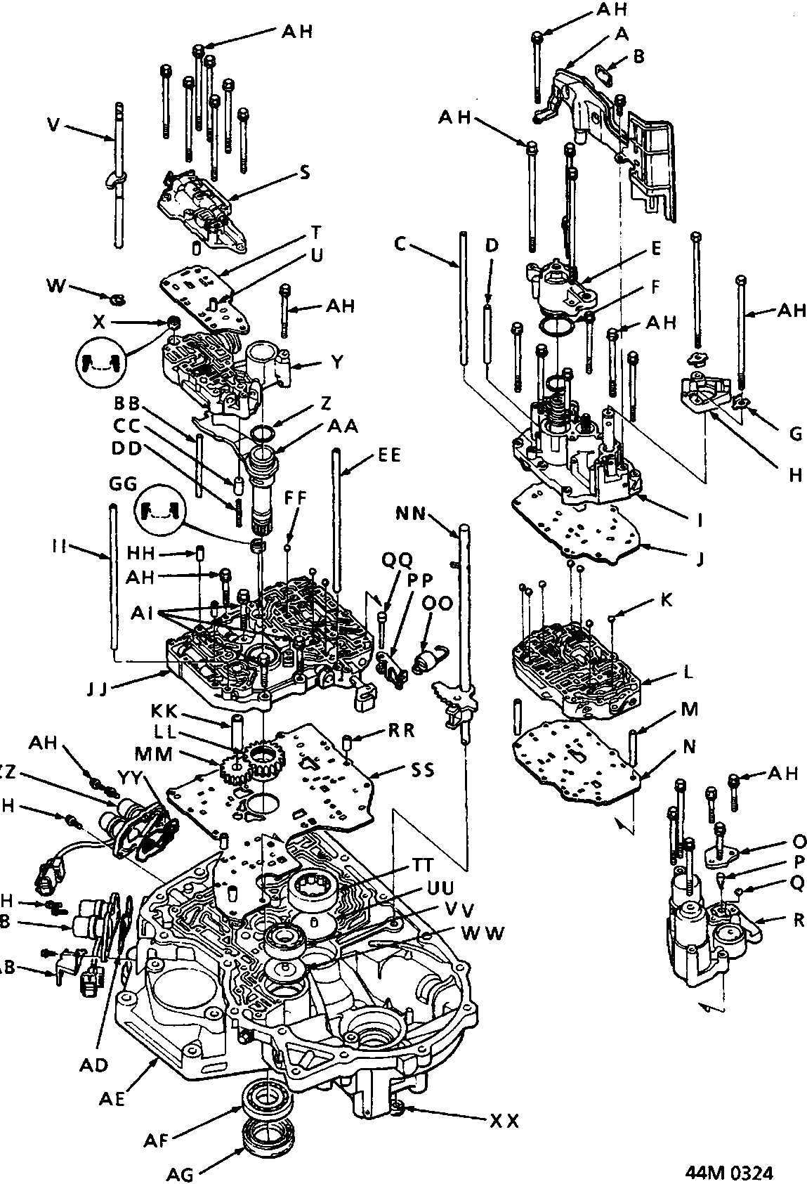 Exploded view diagram of the torque converter housing components, showing various bolts, plates, valves, and internal parts labeled with reference letters A through XX, AG. Document code 44M 0324 is printed in the bottom right corner.