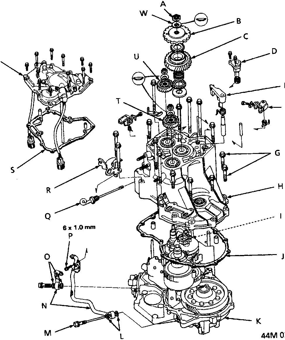Exploded view diagram of the automatic gearbox right side cover assembly showing components labeled A through W, including gears, housing, bolts, and fluid pipes.