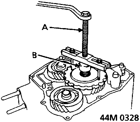Diagram showing suitable puller (A) and thrust button (B) being used to remove a gear from the gearbox mainshaft