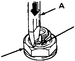 Diagram showing a chisel (A), lock tab (B), and locknut (C) being used to cut the lock tabs of a shaft locknut