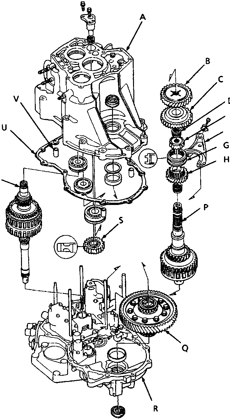 Exploded view diagram of the automatic gearbox housing showing internal components labeled A through V, including gear assemblies, shafts, and selector mechanisms.