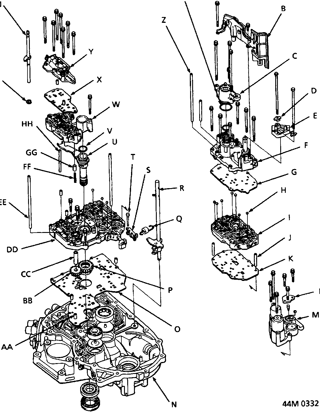 Exploded view diagram of automatic gearbox components with lettered callouts A through Z and AA