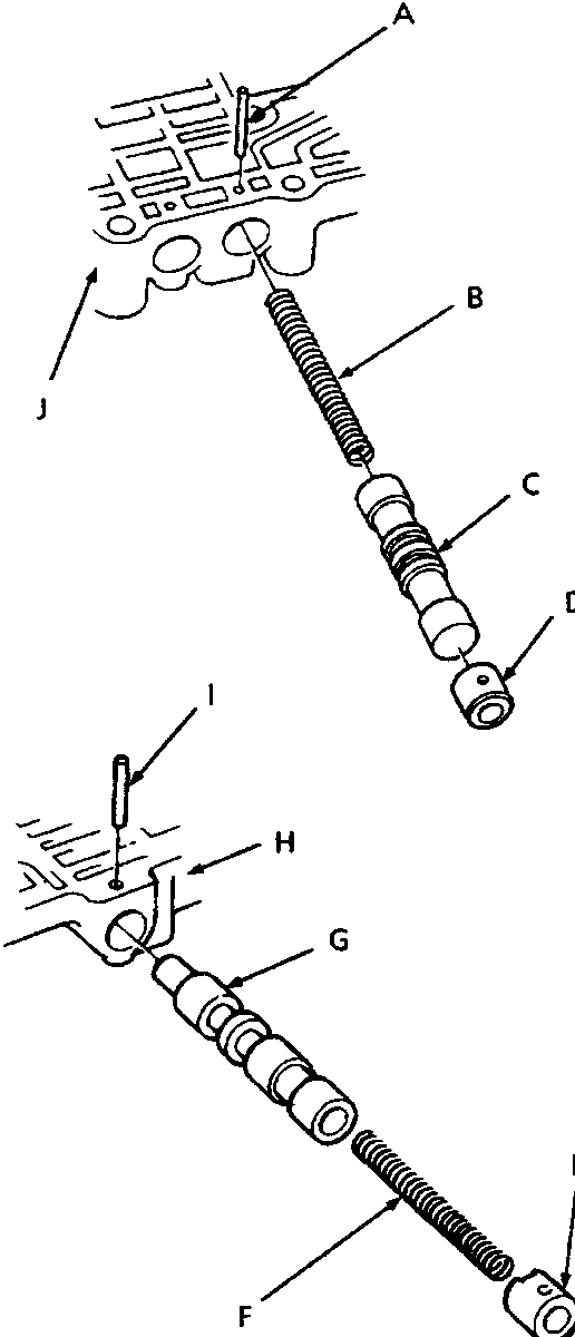 Exploded view diagram of valve body components including valve cap roller, valve spring, valve, valve cap, valve spring cap, and valve body labeled A through J