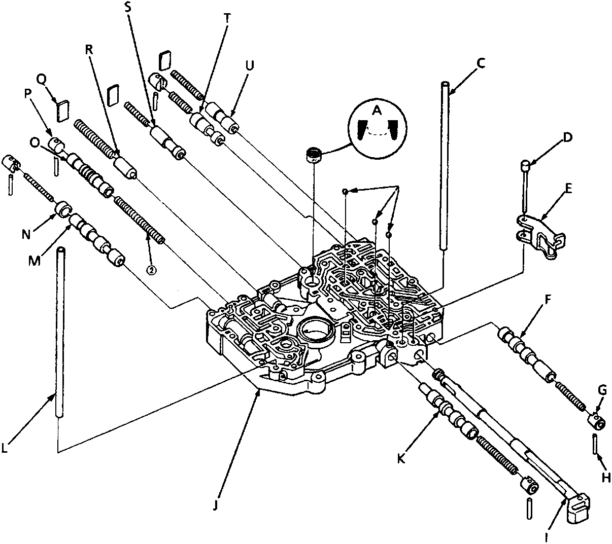 Exploded view diagram of the main valve body showing various valves, springs, pipes, and arms labeled with letters A through U. An inset circle labeled 'A' shows a detail of check balls. The figure number 44M 0343 is printed below the diagram.