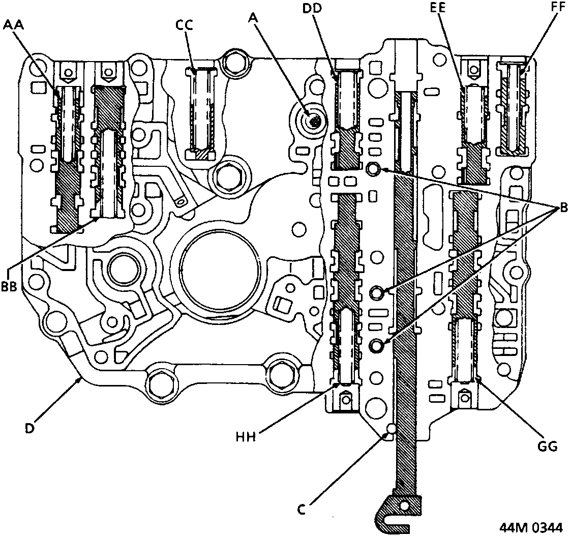 Diagram of the main valve body showing internal components including the filter, check balls, detent arm shaft, and various valve slots labeled A through HH.